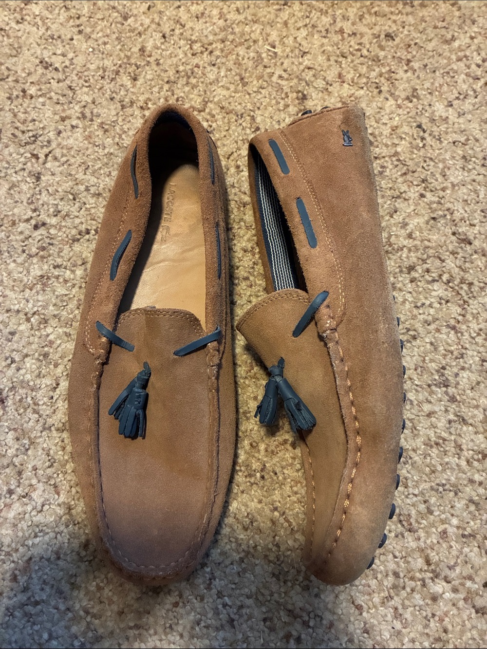 Lacoste Men's Suede Tassel Driving Loafers in Brown with Black Accents